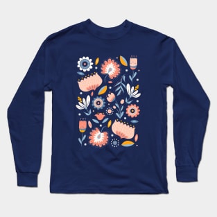 Folk Art Florals in Blue + Pink Long Sleeve T-Shirt